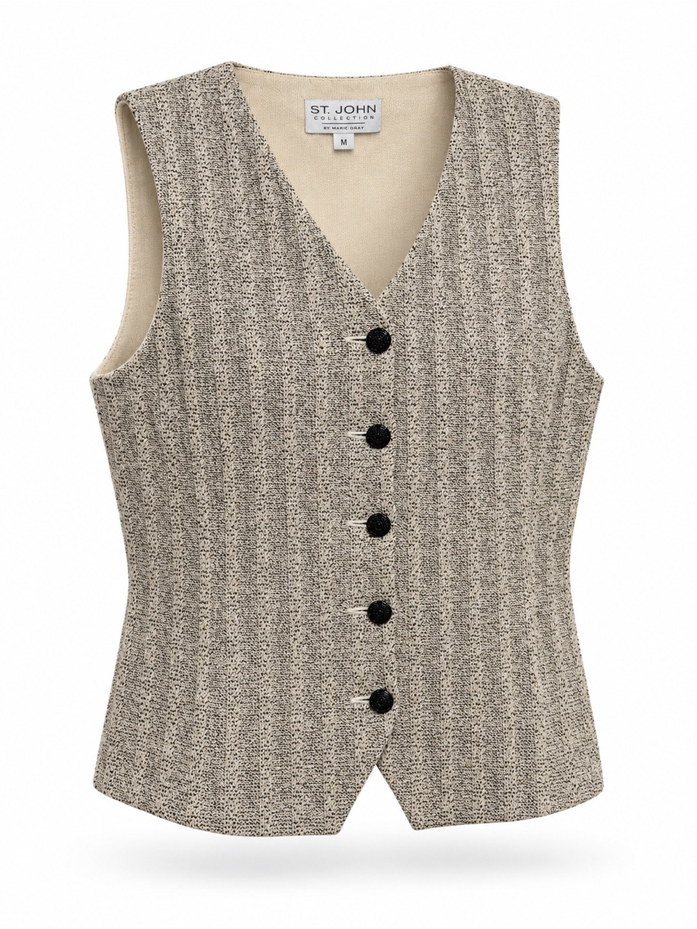 St. John Collection Neutral Tweed V-Neck Button Vest